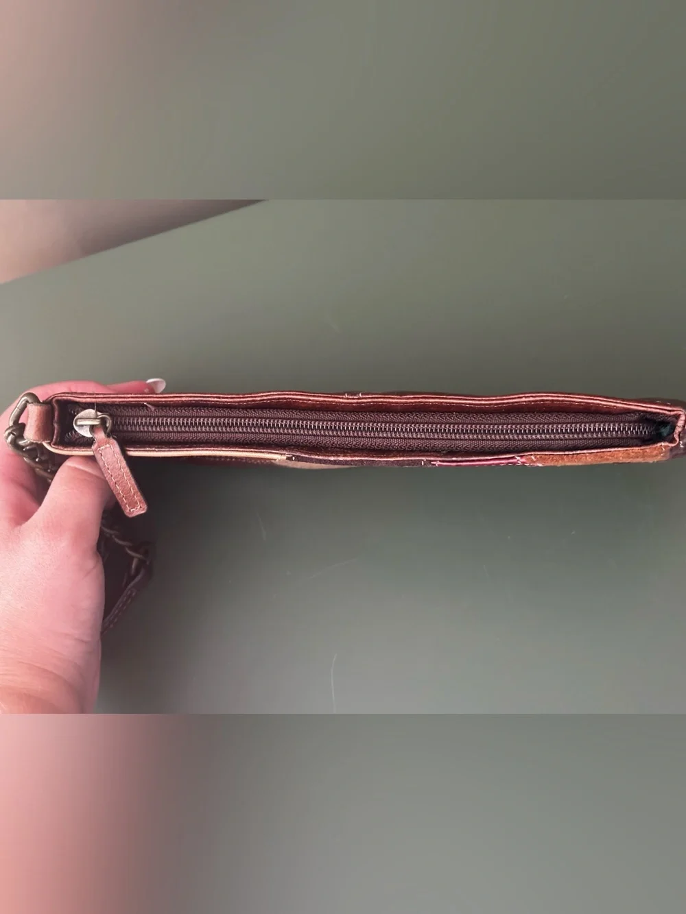Vintage Fossil Patchwork Leather Wristlet Wallet Suede Boho Zipper Clutch Flower